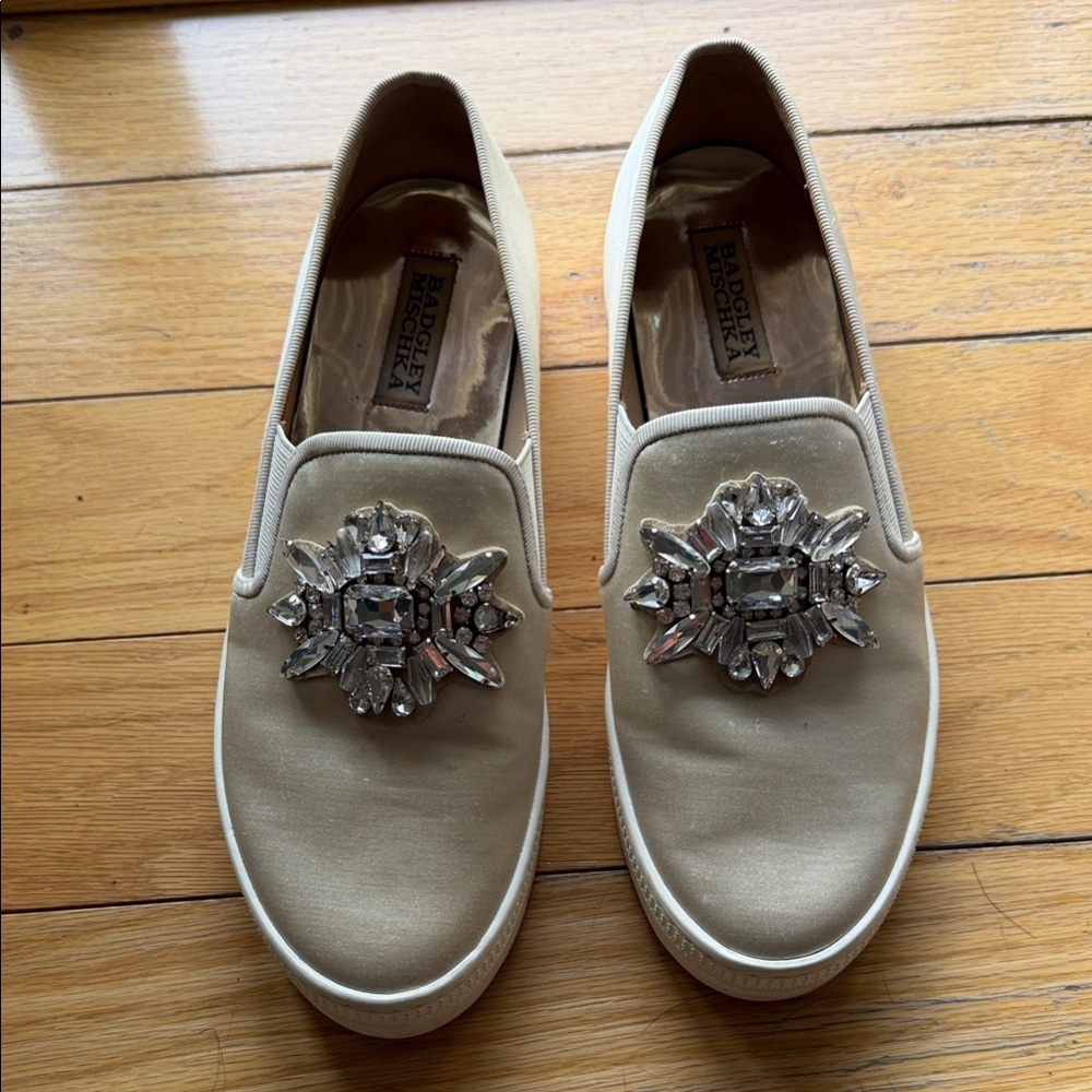 Badgley Mischka Jeweled Slip-On Sneakers in Beige with Crystal Embellishment